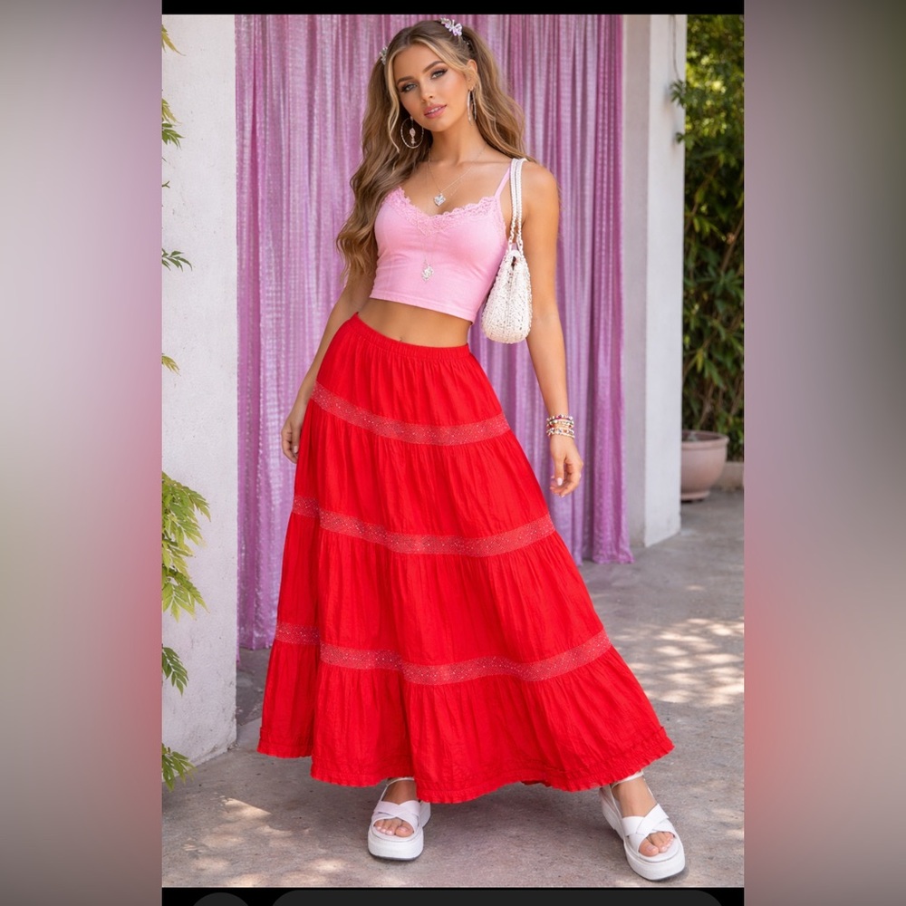 Indulgence Women's Hippie Bohemian Gypsy 4 Tier Cotton Long Large Skirt